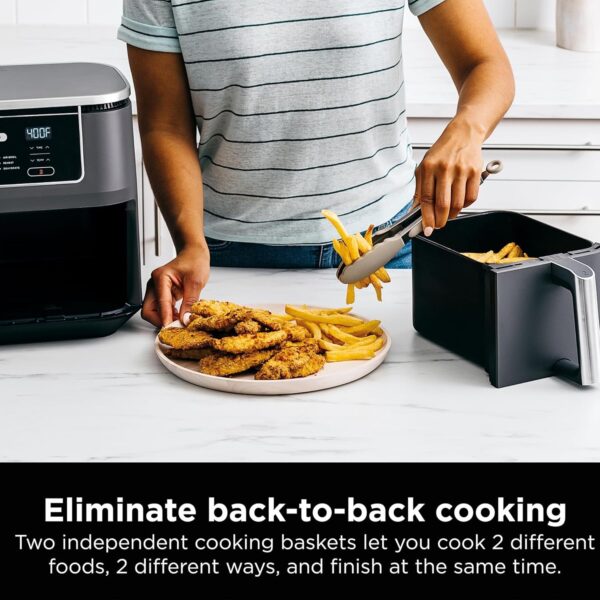 f4746e425fae4350b89e92c82ef7d758 DZ401 Foodi 10 Quart 6-in-1 DualZone XL 2-Basket Air Fryer with 2 Independent Frying Baskets, Match Cook & Smart Finish to Roast, Broil, Dehydrate for Quick, Easy Family-Sized Meals, Grey