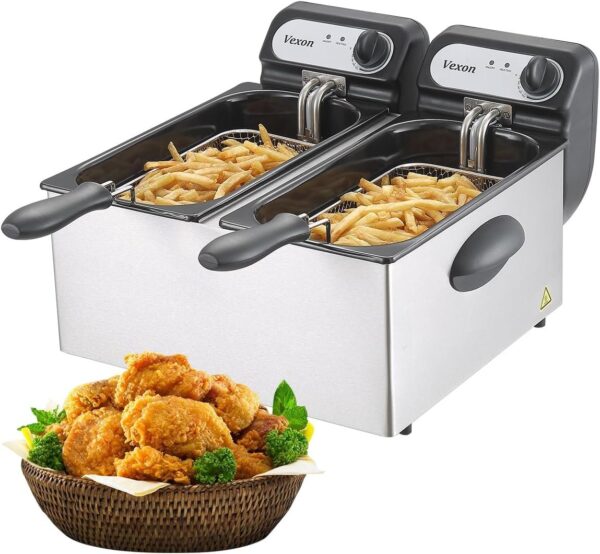 f500fdf4ef554ce48fae55bcbf1ac2a5 3000W Commercial Electric Deep Fryer With Baskets & Lids,2x3L Stainless Steel Double Deep Fryer,Small Deep Fryer With Basket,Temperature Control,Overheat Protection
