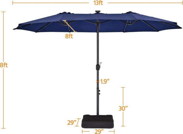 f53ad66910f8426ca5363133f60fd459 15 ft Large Patio Umbrella with Solar Lights Double-Sided Outdoor Rectangle Market Umbrellas with 36 LED Lights/Base Included/Easy Crank for Patio Garden Yard Pool Lawn, Brown
