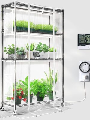 Barrina Mini Greenhouse with LED Grow Light for Indoor Plant, 4-Tier Portable Metal Plant Stand with Wheels, Plant Shelf with Tent, 6Pcs Plant Light with Timer and Thermo-Hygrometer, 35.4×13.8x59IN