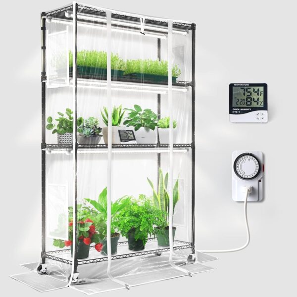 Barrina Mini Greenhouse with LED Grow Light for Indoor Plant, 4-Tier Portable Metal Plant Stand with Wheels, Plant Shelf with Tent, 6Pcs Plant Light with Timer and Thermo-Hygrometer, 35.4×13.8x59IN