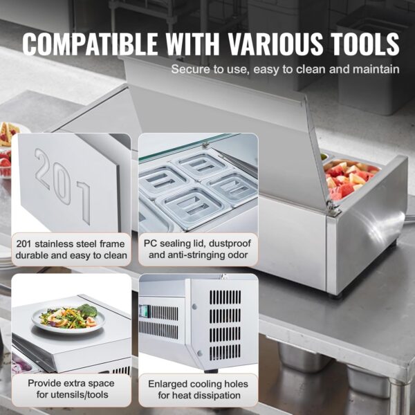 f5e7400f6fef417d99de321fbb86cd77 Refrigerated Condiment Prep Station, 135 W Countertop Refrigerated Condiment Station, with 2 1/3 Pans & 4 1/6 Pans, 304 Stainless Body and PC Lid, Sandwich Prep Table with Stainless Guard, ETL