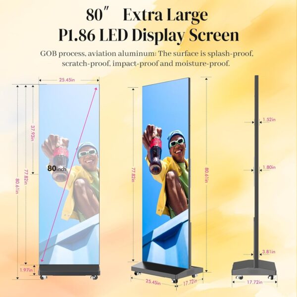 80′′ P1.86 Flexible Spliceable LED Poster Display – USB Plug-and-Play, Mobile & PC Remote Control, Digital Signage Advertising Screen (Silver, 1-Pack)