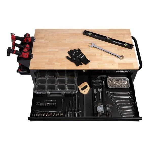 f6197a14b31640cea4bd50477da26e98 46 in. W x 24.5 in. D 9-Drawer Gloss Black Deep Tool Chest Mobile Workbench with Hardwood Top and Power Station