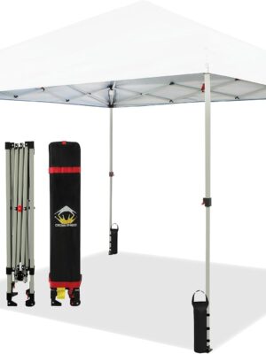 CROWN SHADES 10×10 Pop Up Canopy – Beach Tent with One Push Setup – Easy Outdoor Sun Shade for Events, Parties, Camping – Gazebo with STO-N-Go Cover Bag, Silver Coated Top, White