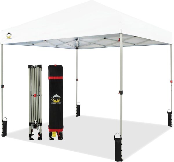 CROWN SHADES 10×10 Pop Up Canopy – Beach Tent with One Push Setup – Easy Outdoor Sun Shade for Events, Parties, Camping – Gazebo with STO-N-Go Cover Bag, Silver Coated Top, White