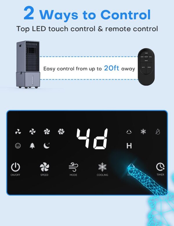 Portable Air Conditioners w/Remote, 4 Modes & 3 Speeds, Waterless Alert System & 2.4-Gal Tank for 20H Cooling, 12H Timer for Auto Off, 3-IN-1 Evaporative Air Cooler for Room Bedroom Home