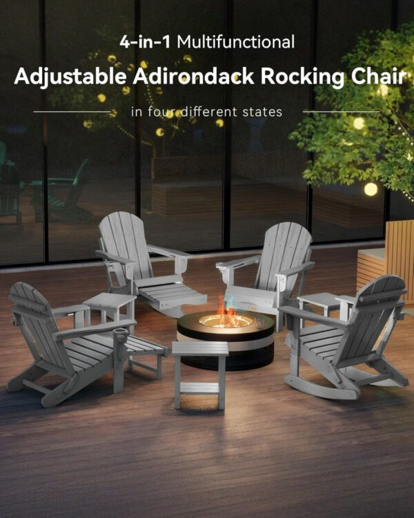 f62f37f3fc0f47b59321258a9694be7c Folding Adirondack Rocking Chair,4-in-1 Multifunctional Patio Chair with Retractable Ottoman, Outdoor Chair Wood Texture, Lawn Chair for Porch, Backyard, Pool(Grey)