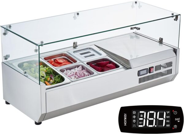 f67ddac758754f83a9d7c295b96c6a14 Refrigerated Condiment Prep Station, 135 W Countertop Refrigerated Condiment Station, with 2 1/3 Pans & 4 1/6 Pans, 304 Stainless Body and PC Lid, Sandwich Prep Table with Stainless Guard, ETL
