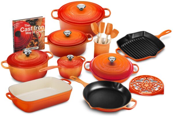f69eca9827c649bfa098edc414ea3226 20-piece Signature Cast Iron Cookware Set,10.25 Skillet,1.75-quart Saucepan with Lid