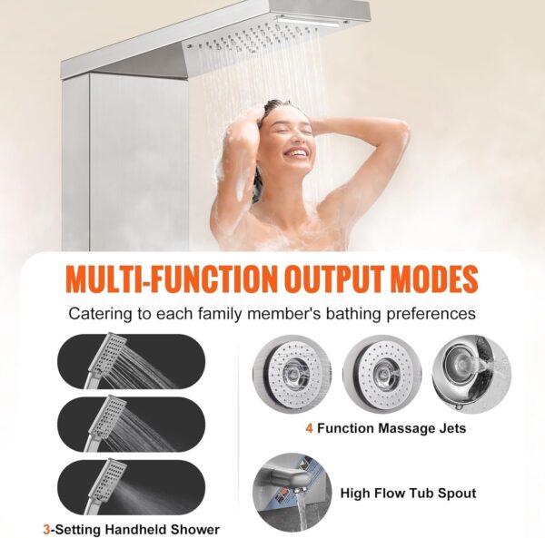 Shower Panel System, 6 Shower Modes, LED & Display Shower Panel Tower, Rainfall, Waterfall, 4 Body Massage Jets, Tub Spout, Handheld Shower Head 59′′ Hose, Stainless Steel Wall-Mounted Shower Set