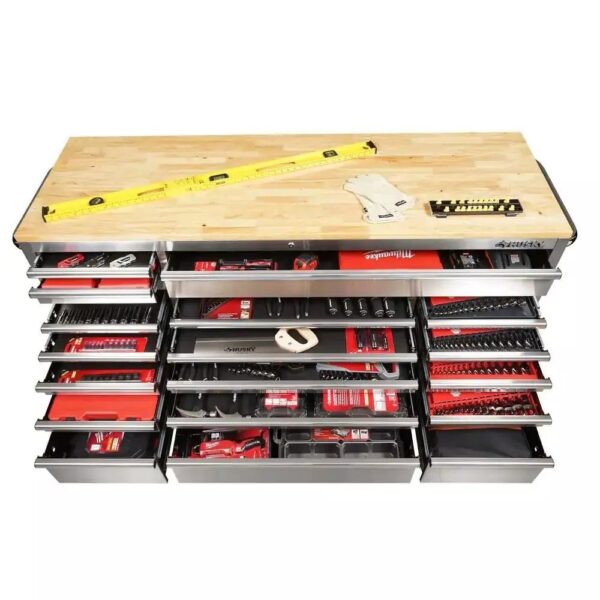 f76d7810596545cf8ca702e07a7c3353 72 in 18-Drawer 24 in. D Mobile Workbench with Solid Wood Top Stainless Steel