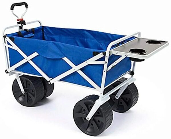 All Terrain Beach Wagon with Side Table|Heavy Duty Collapsible Folding Cart with Large Wheels for Beach Day, Picnic, Camping, Outdoor Activities | Blue/White