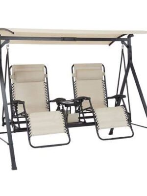 Zero-Gravity Steel Porch Swing – Beige/Black, Size: 90.55 inch x 58.27 inch x 72.44 inch