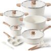 22pcs Pots and Pans Set Nonstick, Cookware Set White Granite Induction Kitchen Cooking Set w/Frying Pans & Saucepans& Grill Pan(PFOS, PFOA Free)