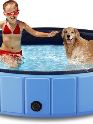 Foldable Dog Swimming Pool, 120′′x20′′ Oversize Collapsable Hard Plastic Potable Bathing Tub for Pet Dog Kiddie Pool Indoor and Outdoor Leakproof PVC Play Pool for Large Dogs Pets Puppy Kids Blue