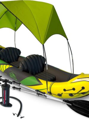 KP Inflatable Kayak 2 Person with Sun Canopy (Detachable) + Kayaks for Adults + 3rd Seat for Dog/Child + Waterproof Phone Bags + Adjustable Seats + Kayak + Backrests & More + New 2024 + Yellow Green