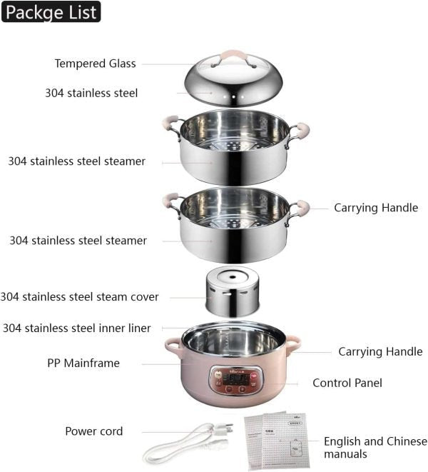 Bear Electric Food Steamer,Stainless Steel Digital Steamer, 3 tier 8L Large Capacity Vegetable Steamer