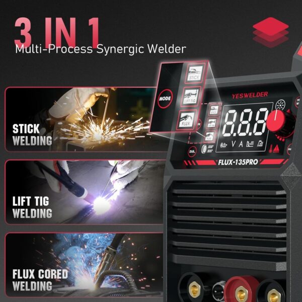 fa3a37ba1f8246b88673be8d028b9599 135Amp MIG Welder,110V Flux Core Welder Flux MIG/Lift TIG/Stick 3-in-1 Large LED Digital Display Welding Machine IGBT Inverter Welder FLUX-135PRO