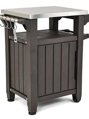 Unity Portable Outdoor Table and Storage Cabinet with Hooks for Grill Accessories-Stainless Steel Top for Patio Kitchen Island or Bar Cart, Espresso Brown