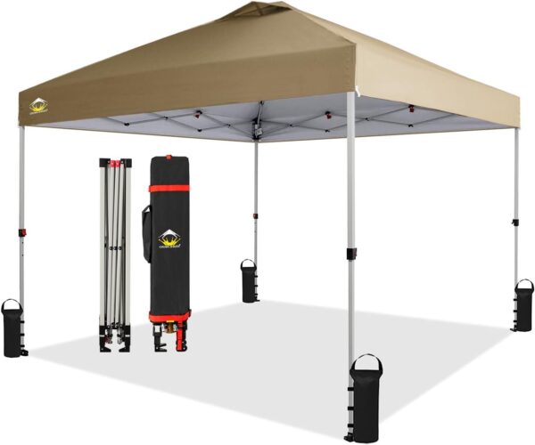 CROWN SHADES 10×10 Pop Up Canopy – Beach Tent with One Push Setup – Easy Outdoor Sun Shade for Events, Parties, Camping – Gazebo with STO-N-Go Cover Bag, Silver Coated Top, White