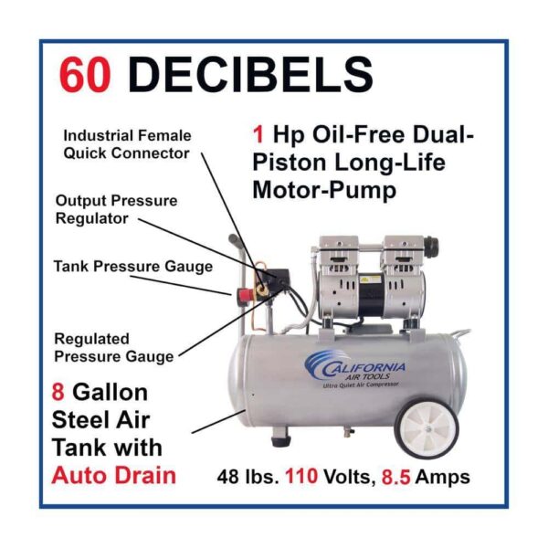 California Air Tools 8 Gal. 1 HP 120 PSI Ultra Quiet and Oil-Free Electric Horizontal Tank Air Compressor with Automatic Drain