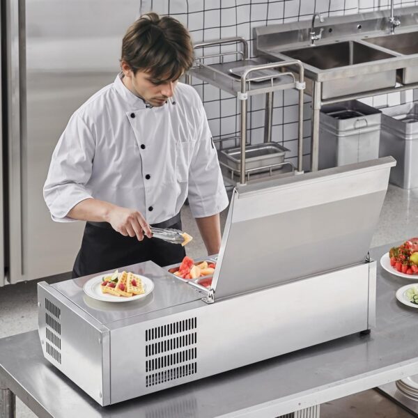 fa6d34f6d4c74da2a8b90ba793f186a6 Refrigerated Condiment Prep Station, 135 W Countertop Refrigerated Condiment Station, with 2 1/3 Pans & 4 1/6 Pans, 304 Stainless Body and PC Lid, Sandwich Prep Table with Stainless Guard, ETL
