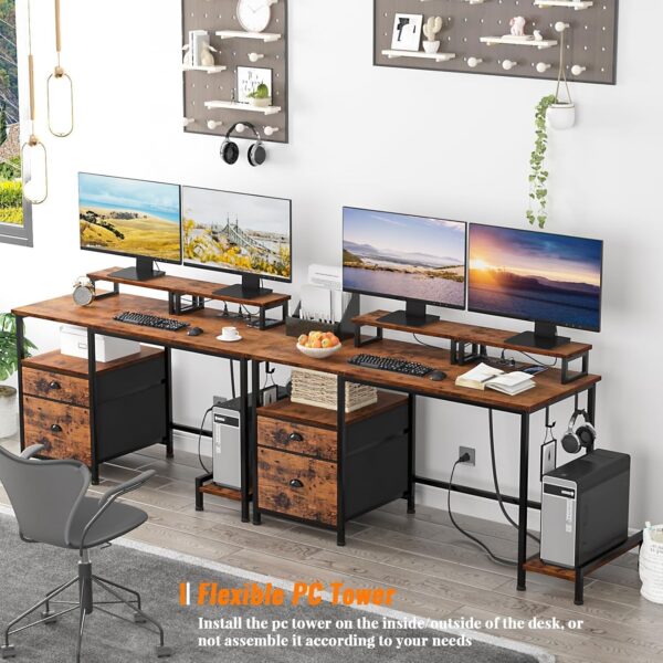 fb95b3d60512428aa1c5d024efc0e29d Furologee Computer Desk with Drawer and Power Outlets, 47′′ Office Desk with 2 Monitor Stands and Fabric File Cabinet, Writing Gaming Table with Shelves and 2 Hooks for Home Office, Rustic Brown