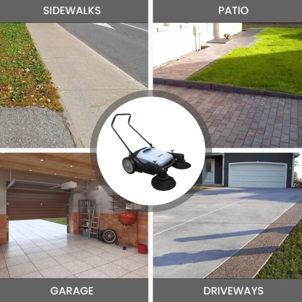 fba277637e1943a59fd8f4028577c15e Walk-Behind Outdoor Hand Push Floor Sweeper – 5.25 Gallon Capacity – 25.5′′ Sweeping Width – Sweeps up to 27,900 ft2 / Hour, Grey