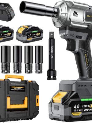 Cordless Impact Wrench, 1200Nm(900ft-lbs) High Torque 1/2” Impact Wrench, 21V Brushless Electric Impact Gun with 2Pcs 4.0Ah Batteries, 1 Hour Fast Charger, 5 Sockets, Power Impact Driver for Car Home