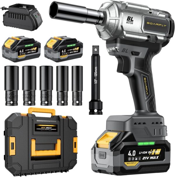 Cordless Impact Wrench, 1200Nm(900ft-lbs) High Torque 1/2” Impact Wrench, 21V Brushless Electric Impact Gun with 2Pcs 4.0Ah Batteries, 1 Hour Fast Charger, 5 Sockets, Power Impact Driver for Car Home