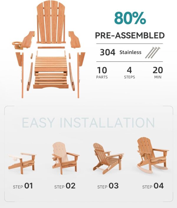 fbe48591bdba48e886fee74f89ce376f Folding Adirondack Rocking Chair,4-in-1 Multifunctional Patio Chair with Retractable Ottoman, Outdoor Chair Wood Texture, Lawn Chair for Porch, Backyard, Pool(Grey)