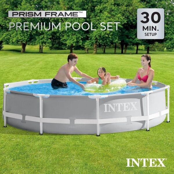 Intex Above Ground Swimming Pool, 12′ x 30′′, Prism Frame, Gray – Large Backyard Outdoor Round Summer Pool for Family, Easy Set Up, 24-Inch Deep Water