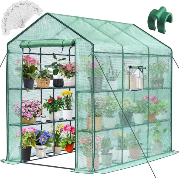 Greengro Greenhouse, 57 x 57 x 76” Greenhouses for Outdoors, Durable Green House Kit with Window, Thicken PE Cover, 3 Tiers 8 Shelves, Heavy Duty Walk in Green Houses for Indoor Backyard Outside