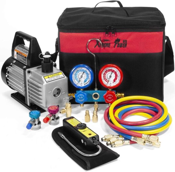 fdac202ebfa348208cc50be4d190117d Premium 4CFM Air Vacuum Pump HVAC A/C Refrigeration Kit AC Manifold Gauge Case Set R134a Tap w/Leak Detector and Carrying Tote Bag
