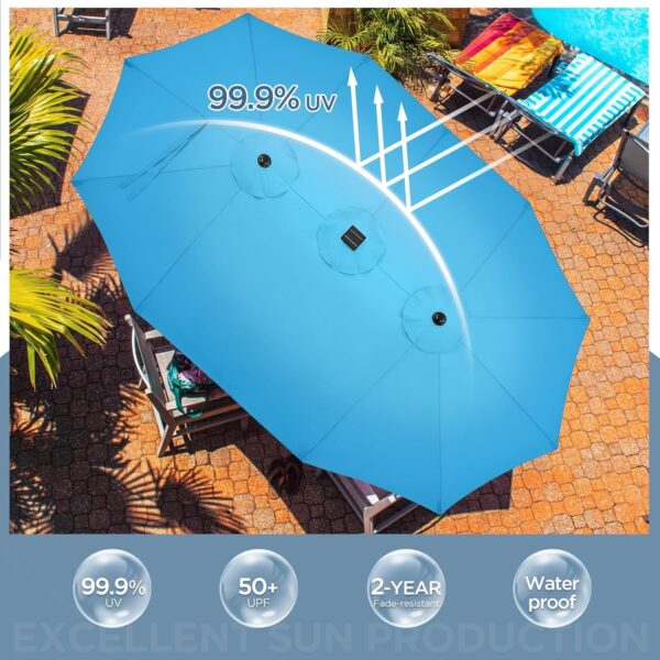 fdc422c6dc1847a99f57c890bac9e2c2 15 ft Large Patio Umbrella with Solar Lights Double-Sided Outdoor Rectangle Market Umbrellas with 36 LED Lights/Base Included/Easy Crank for Patio Garden Yard Pool Lawn, Brown