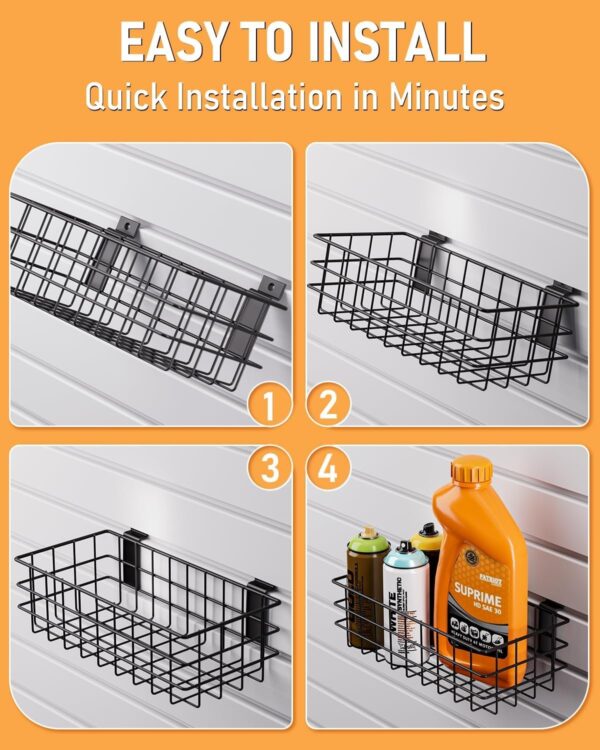 INCLY 30PCS Slatwall Accessories Set, Includes 4 Pack Ventilated Metal Wire Slatwall Baskets and 26PCS Multisized Heavy Duty Slatwall Hooks for Garage Rooms Shops Storage Organizing Display