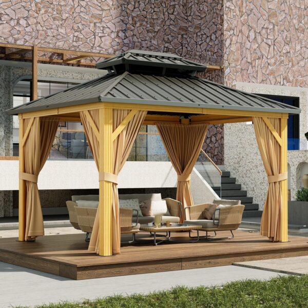 fe7bf4bd0a34478c95de0b58075f8a1d 10X13 FT Outdoor Galvanised Steel Hardtop Gazebo, Heavy Duty Double Roof Outdoor Gazebo with Netting and Sunshade Curtains, Aluminium Framed Gazebo for Patio, Terrace, Lawn and Deck, Khaki