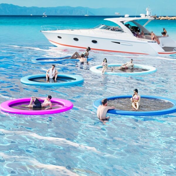 fe9e2cbc8fc749e1b8f94024b6edea05 Round Inflatable Floating Dock, Sunchill Float Ring, Hammock Tanning Pool with 4in Woven Fabric, Manual Pump for 1-2 Min Quick Inflate/Deflate, Fits 2-8, Ideal for Lakes, Pools, Oceans