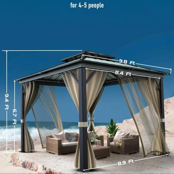 fec9836d830f47a9b9305bf152c67d12 10’x10′ Hardtop Gazebo with double metal roof, aluminum frame, net, and curtain. All-weather, ideal for patio, deck, garden, backyard. Khaki.