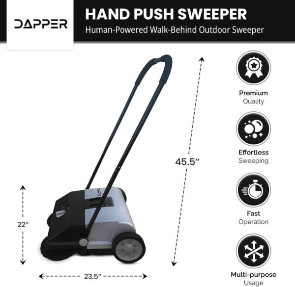 ff0526f0a8f6436a91767bf9db24d118 Walk-Behind Outdoor Hand Push Floor Sweeper – 5.25 Gallon Capacity – 25.5′′ Sweeping Width – Sweeps up to 27,900 ft2 / Hour, Grey