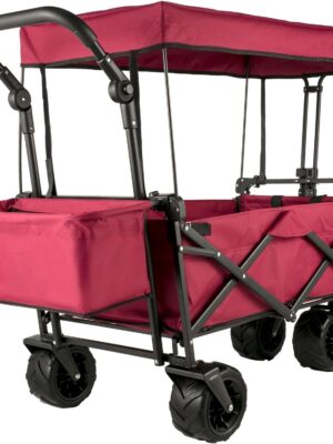 Red Collapsible Wagon Cart with Canopy, 360° Wheels, Adjustable Handles, 220 lbs Capacity for Beach & Garden