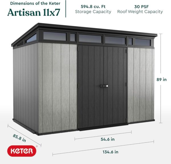 Keter Artisan 11×7 Modern Resin Outdoor Storage Shed Kit-Perfect to Store Patio Furniture, Garden Tools Bike Accessories, Beach Chairs and Lawn Mower, Grey & Black