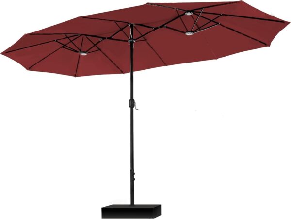 ff8aa8003ef6434dac405f9e5af031a7 15ft Patio Umbrella Double-Sided Outdoor Market Extra Large Umbrella with Crank, Umbrella Base Included (Dark Red)