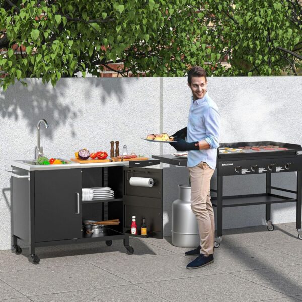 Outdoor Grill Table with Stainless Steel Sink – Metal Grill Cart Kitchen Island